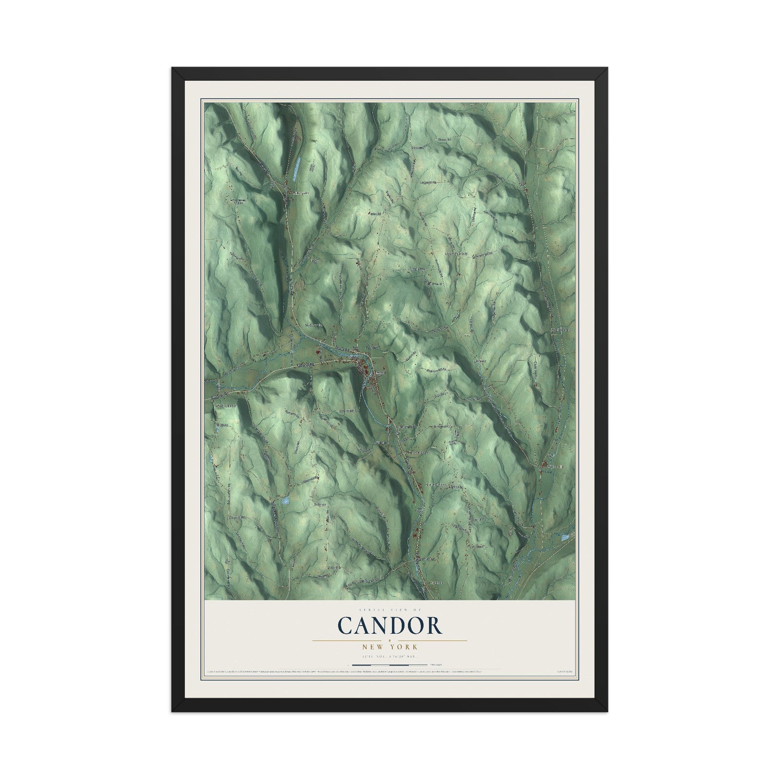Candor, New York map print, 12" x 18" W/ Black Ayous Wood Frame mockup