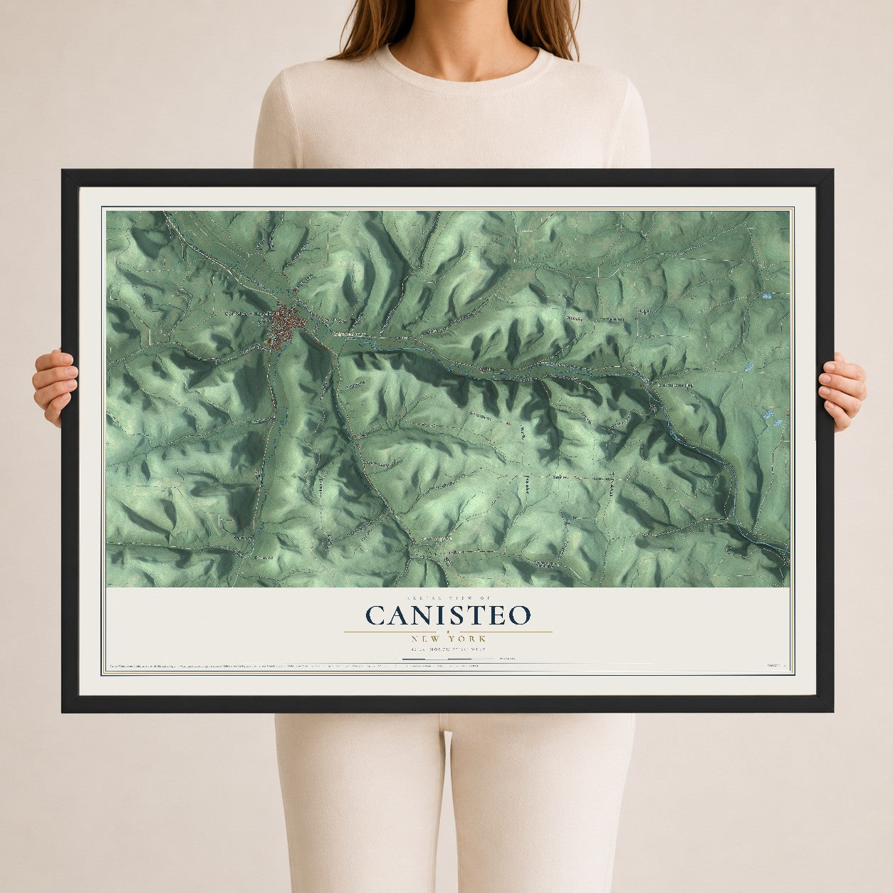 Canisteo, New York map print, 24" x 36" W/ Black Ayous Wood Frame mockup