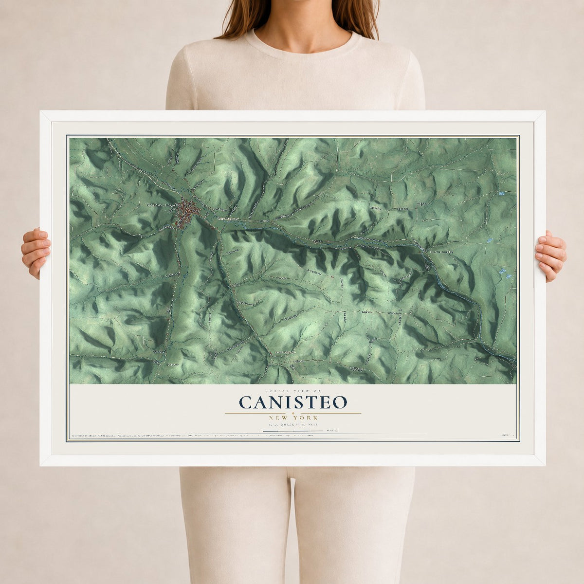 Canisteo, New York map print, 24" x 36" W/ White Ayous Wood Frame mockup