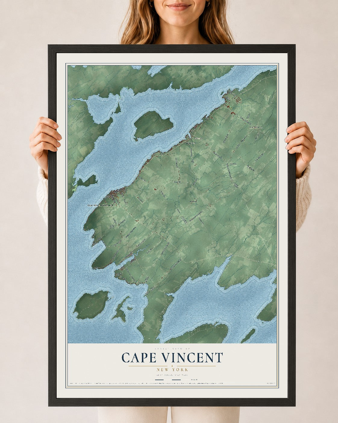 Cape Vincent, New York map print, 24" x 36" W/ Black Ayous Wood Frame mockup