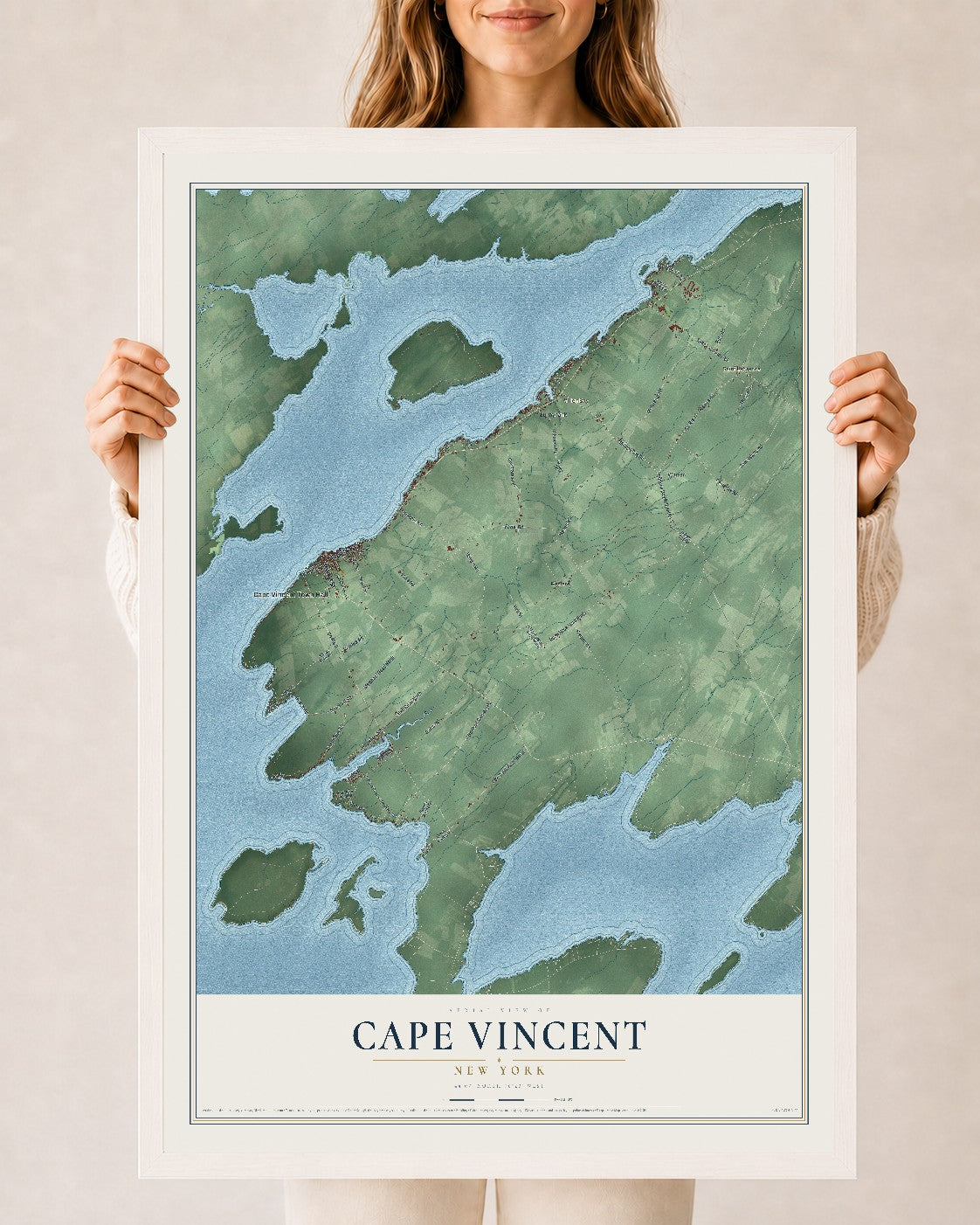 Cape Vincent, New York map print, 24" x 36" W/ White Ayous Wood Frame mockup