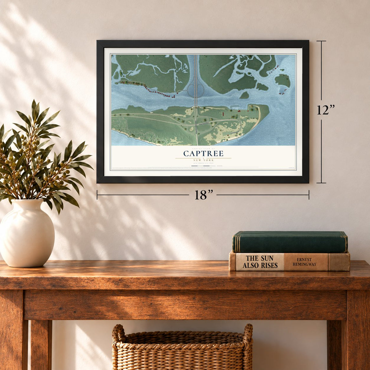 Captree, New York map, 12 x 18 inch print in a black frame in an entryway
