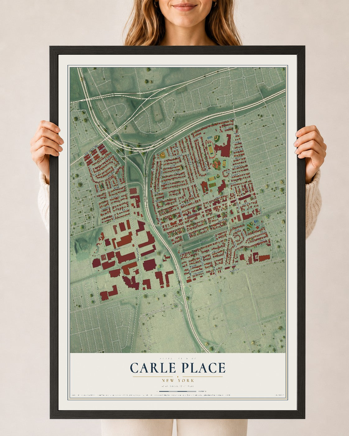 Carle Place, New York map print, 24" x 36" W/ Black Ayous Wood Frame mockup