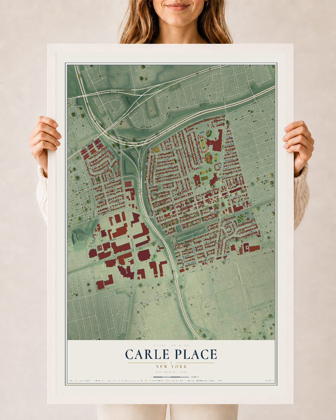 Carle Place, New York map print, 24" x 36" W/ White Ayous Wood Frame mockup