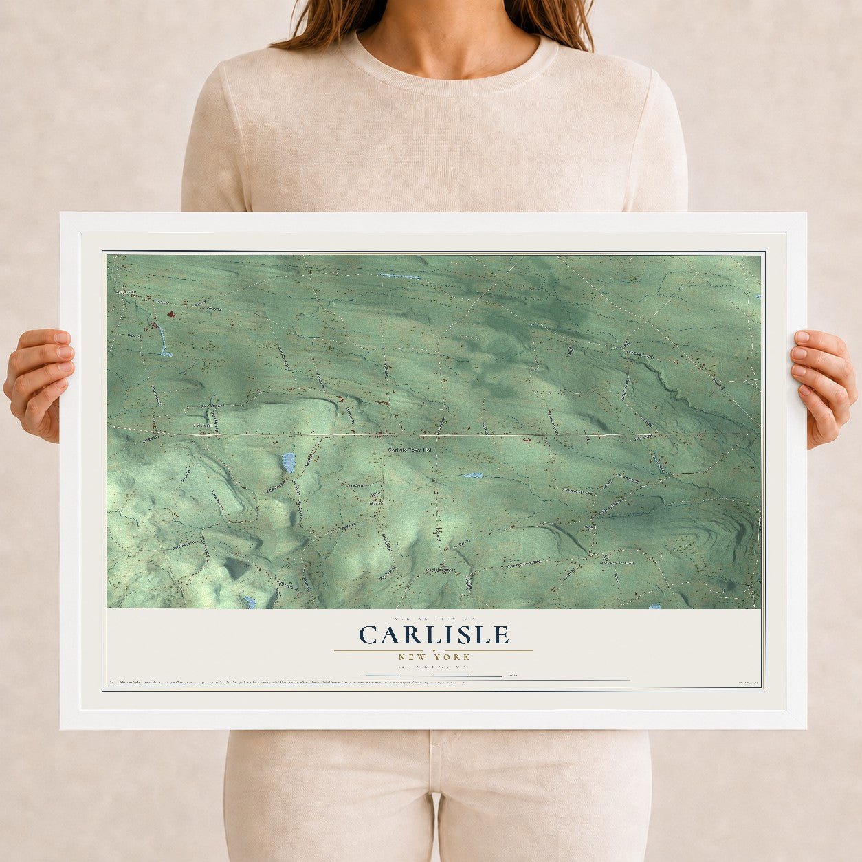 Carlisle, New York map print, 12" x 18" W/ White Ayous Wood Frame mockup