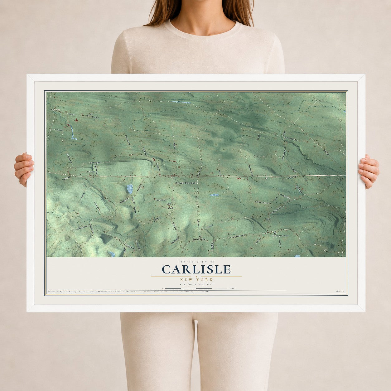 Carlisle, New York map print, 24" x 36" W/ White Ayous Wood Frame mockup
