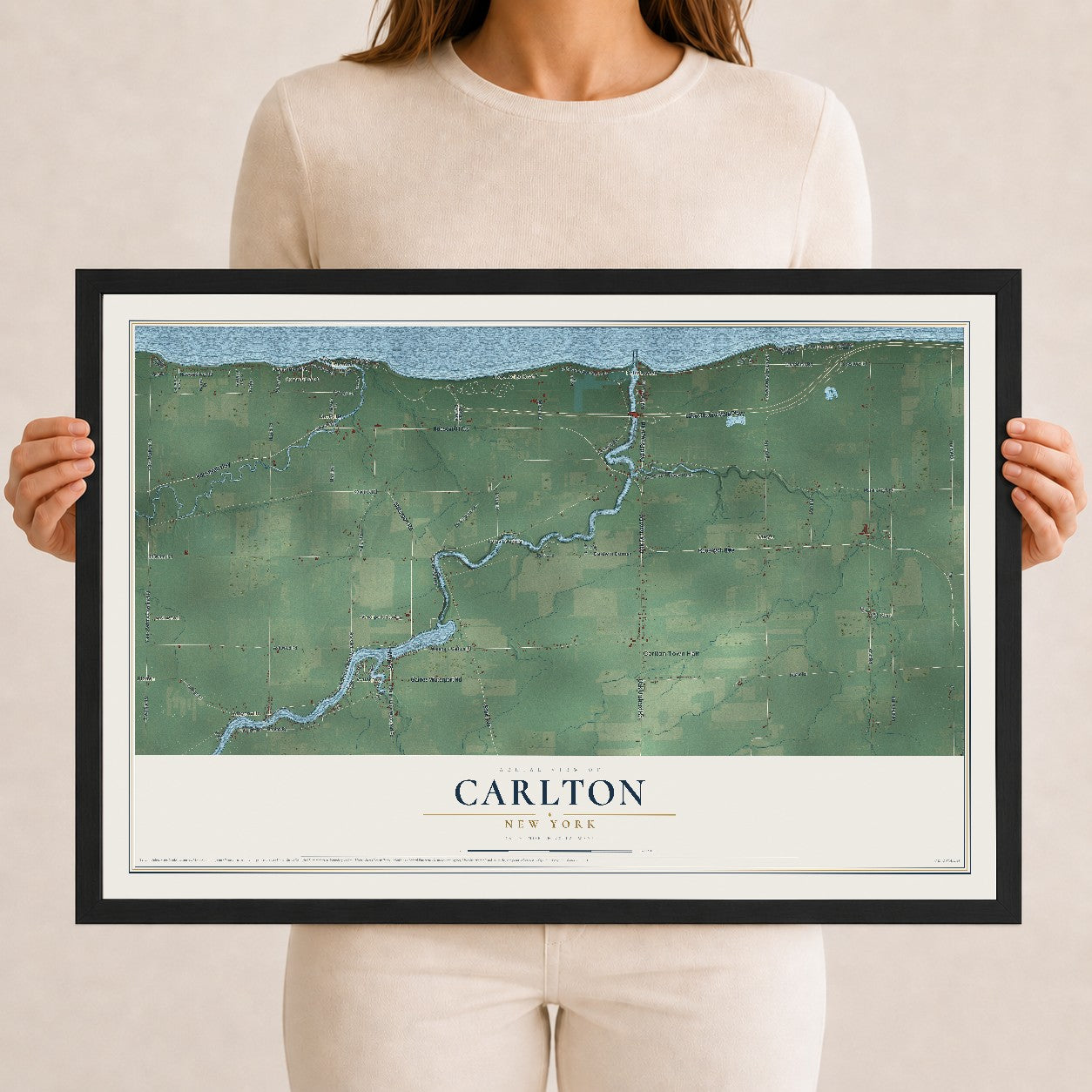 Carlton, New York map print, 12" x 18" W/ Black Ayous Wood Frame mockup