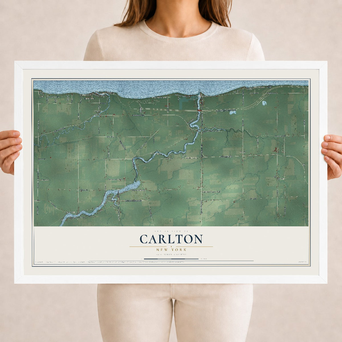 Carlton, New York map print, 18" x 24" W/ White Ayous Wood Frame mockup