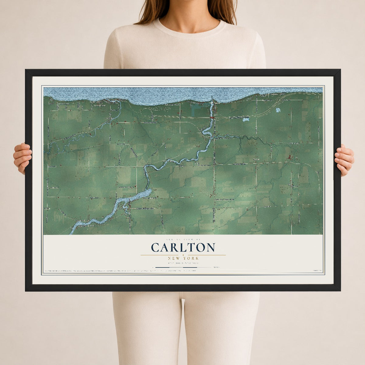 Carlton, New York map print, 24" x 36" W/ Black Ayous Wood Frame mockup