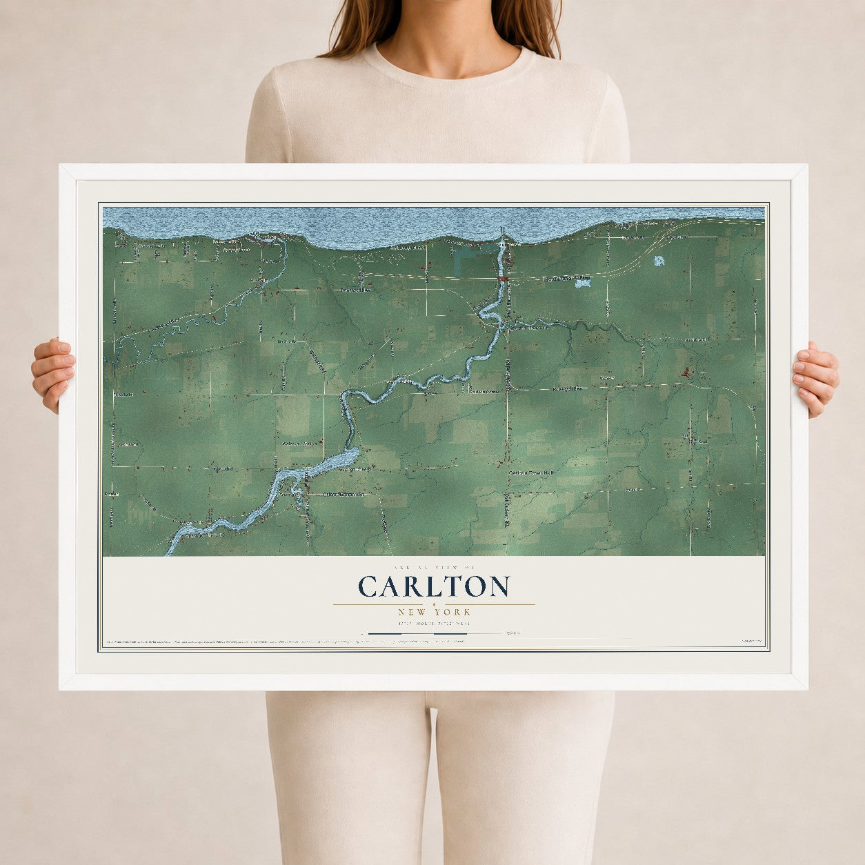 Carlton, New York map print, 24" x 36" W/ White Ayous Wood Frame mockup