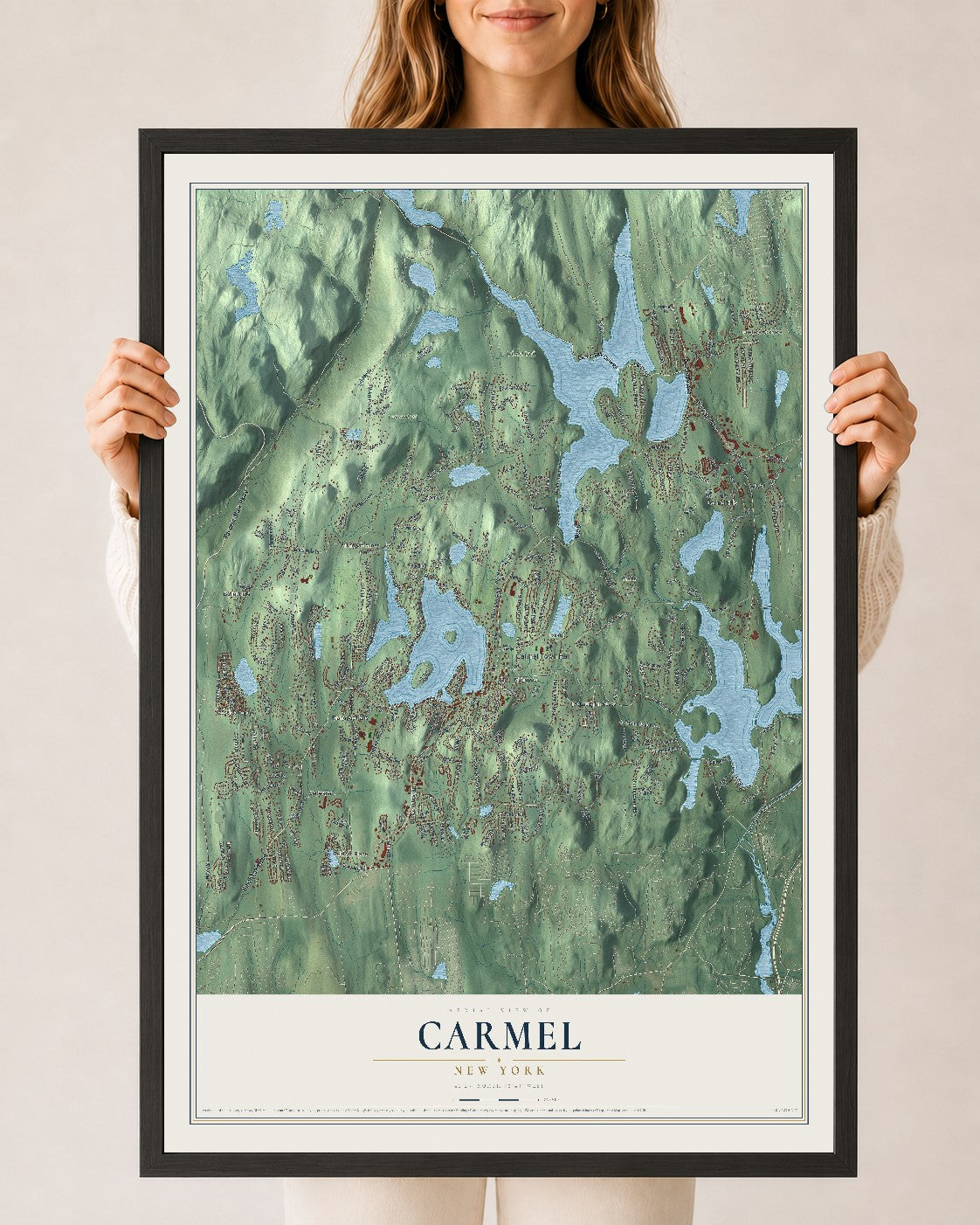 Carmel, New York map print, 24" x 36" W/ Black Ayous Wood Frame mockup