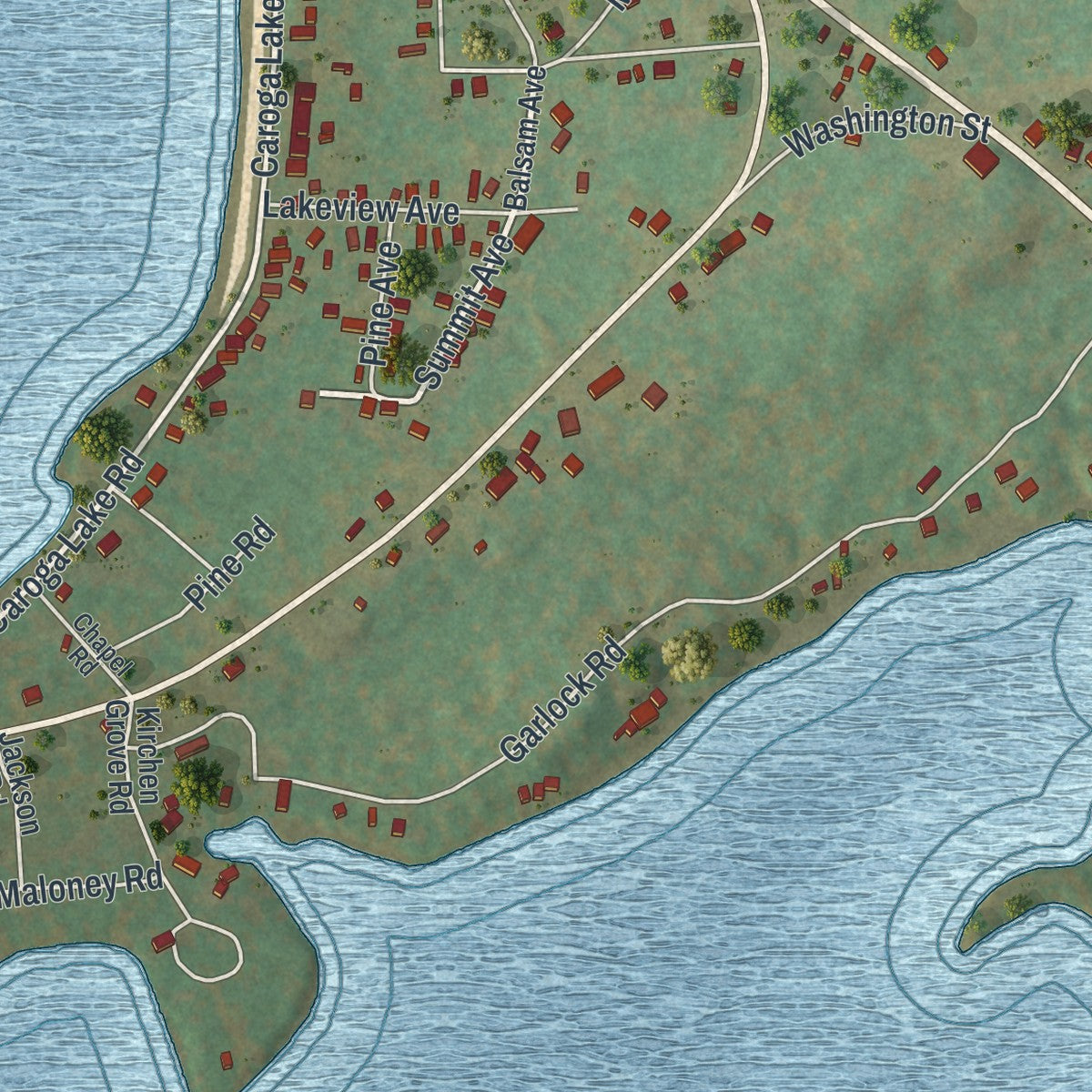 Close-up of the map of Caroga Lake, New York print showing street and building detail