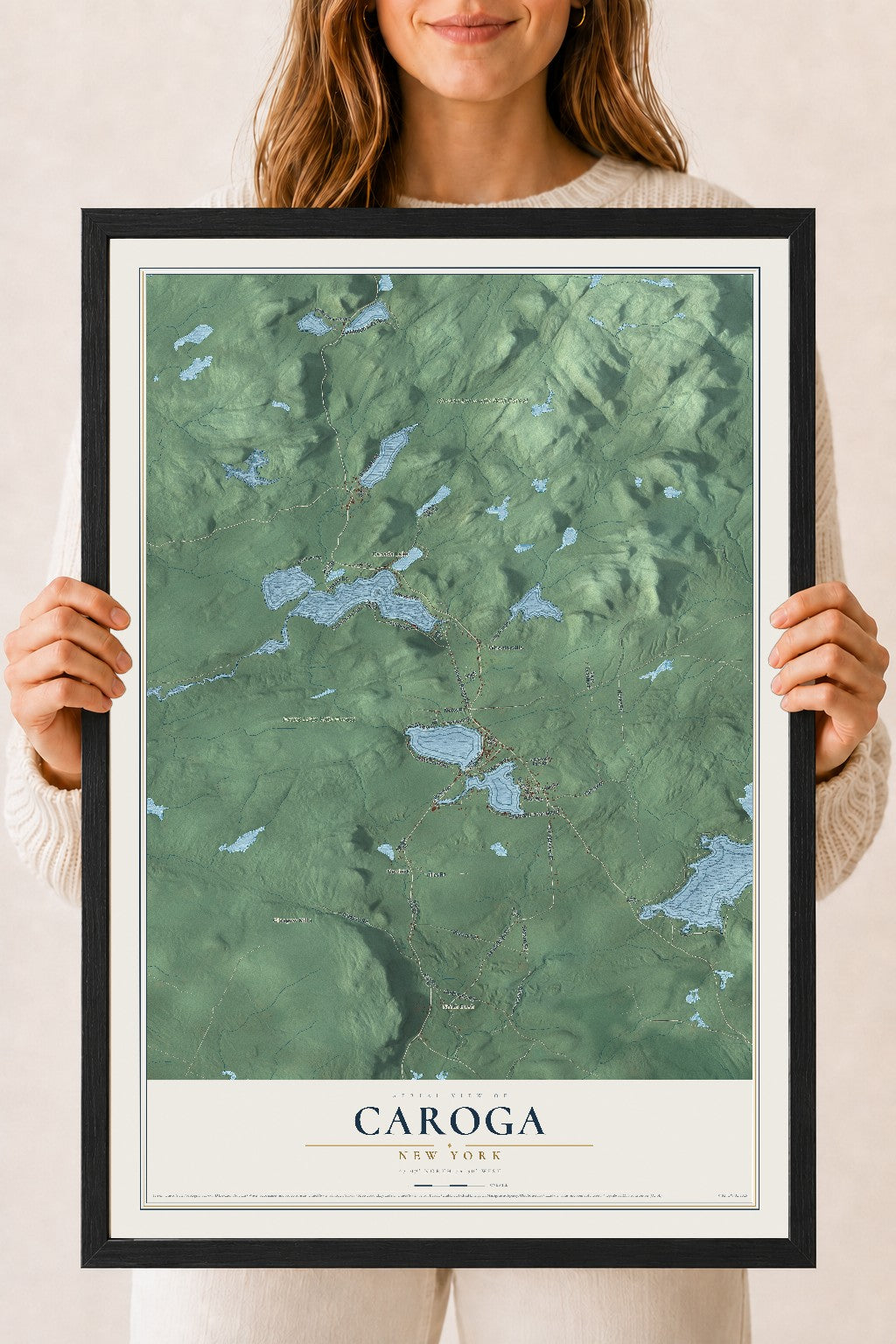 Caroga, New York map print, 18" x 24" W/ Black Ayous Wood Frame mockup