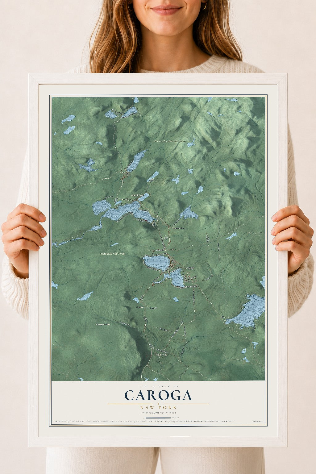 Caroga, New York map print, 18" x 24" W/ White Ayous Wood Frame mockup