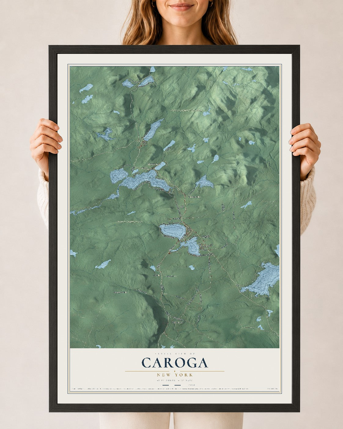 Caroga, New York map print, 24" x 36" W/ Black Ayous Wood Frame mockup