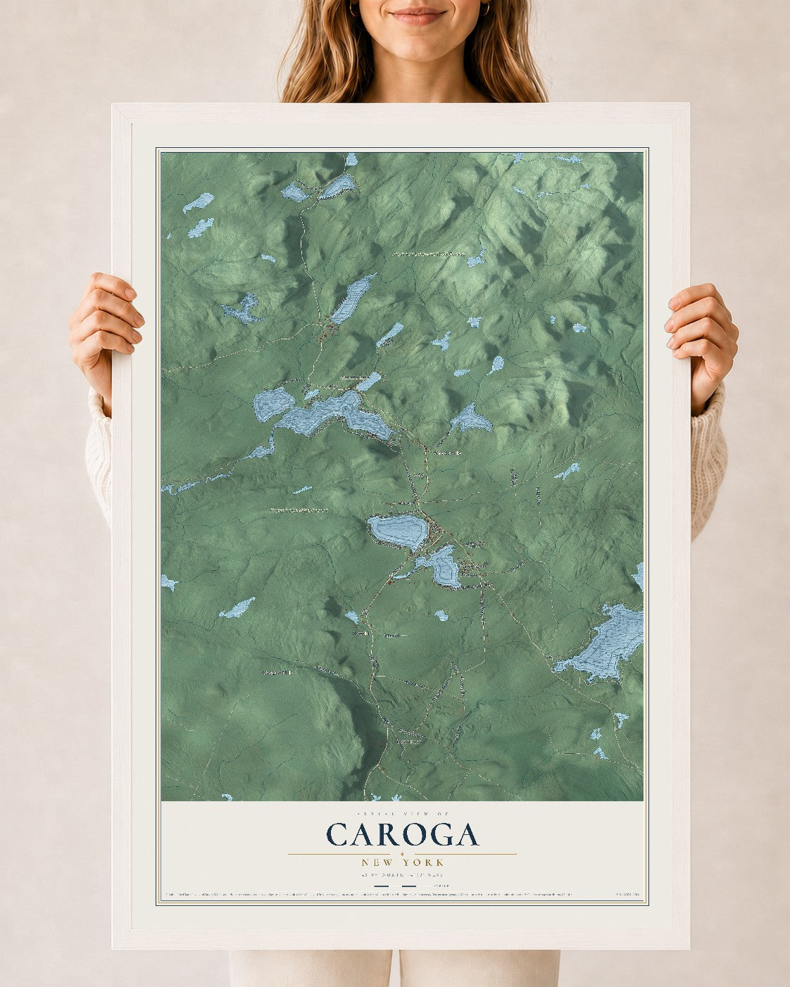 Caroga, New York map print, 24" x 36" W/ White Ayous Wood Frame mockup