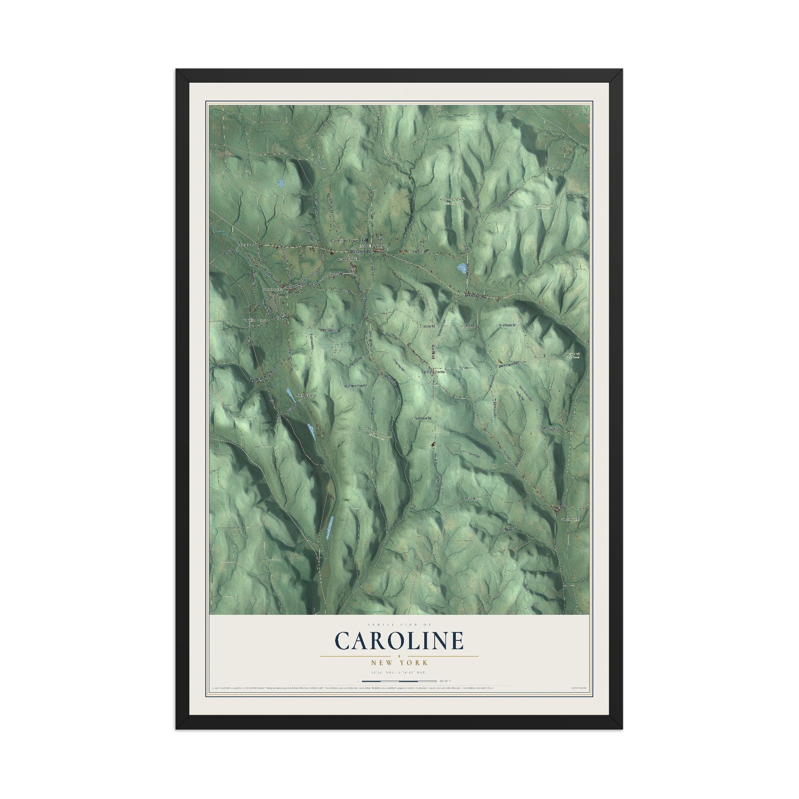 Caroline, New York map print, 12" x 18" W/ Black Ayous Wood Frame mockup
