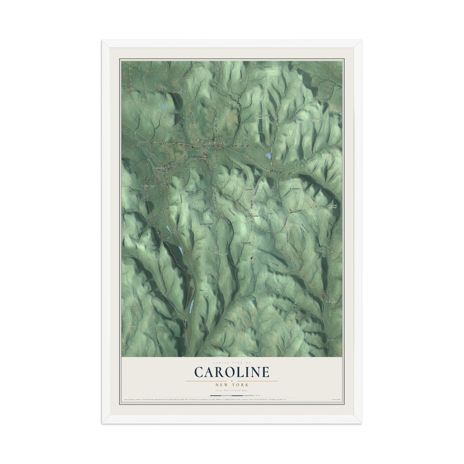 Caroline, New York map print, 12" x 18" W/ White Ayous Wood Frame mockup