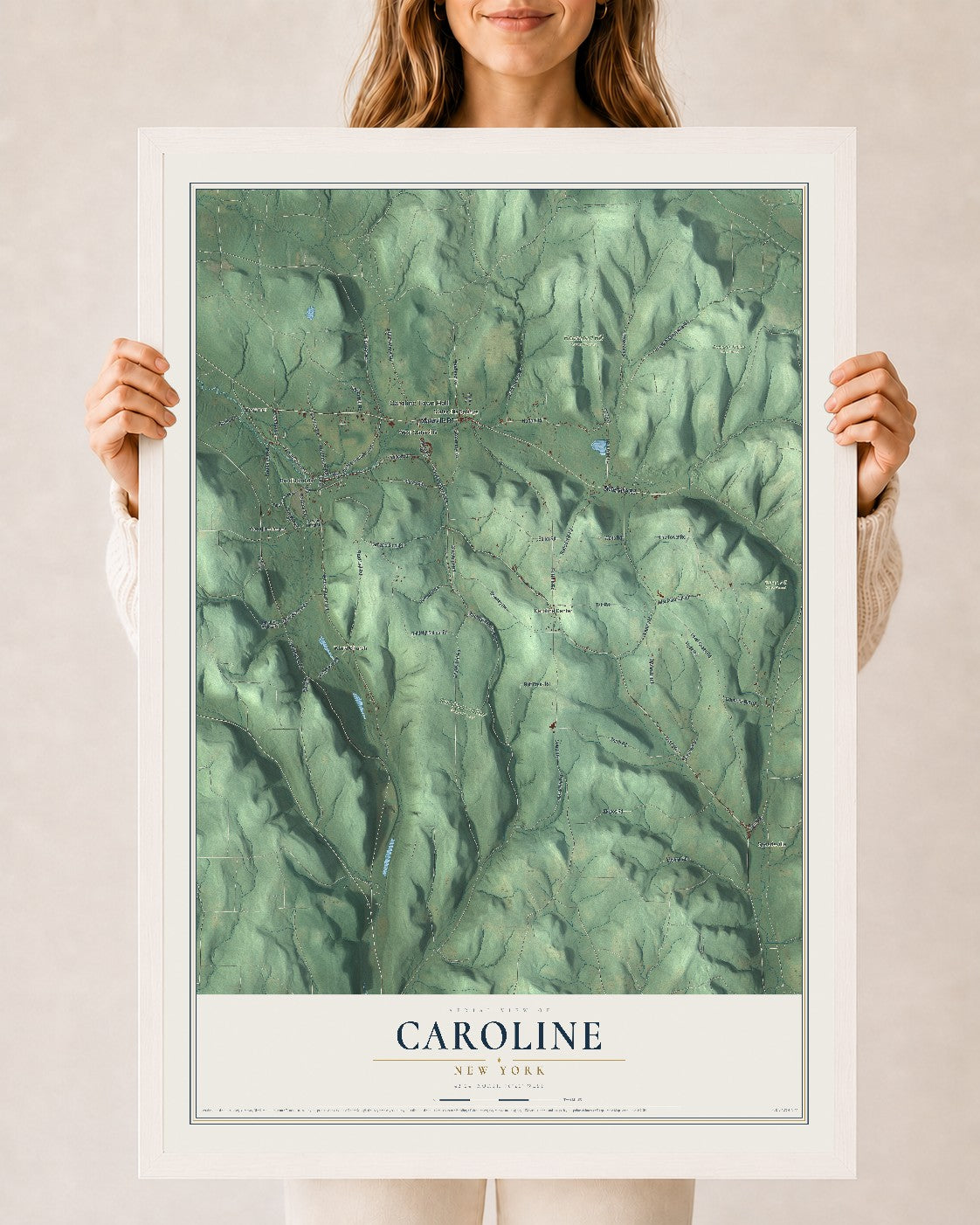 Caroline, New York map print, 24" x 36" W/ White Ayous Wood Frame mockup