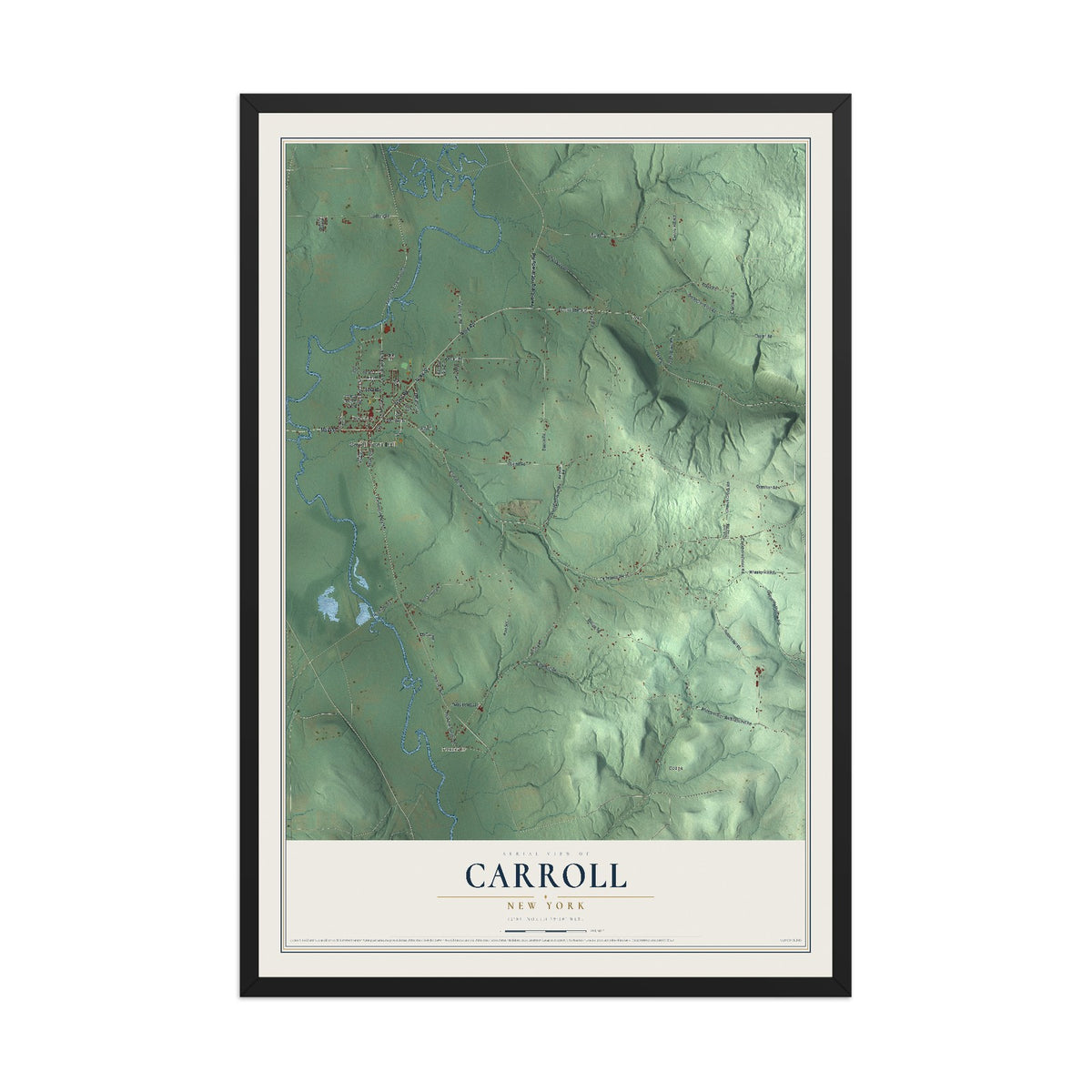Carroll, New York map print, 12" x 18" W/ Black Ayous Wood Frame mockup