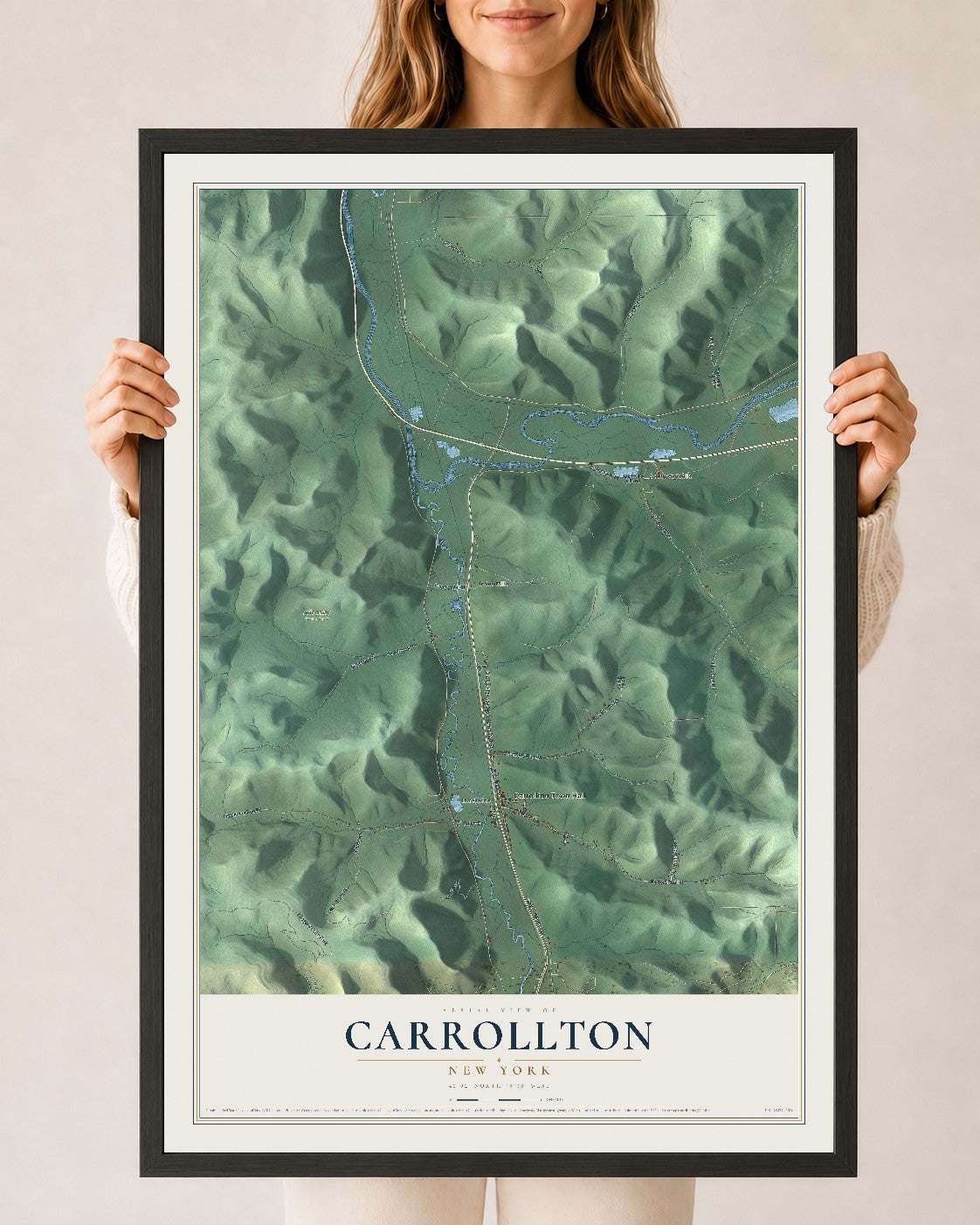 Carrollton, New York map print, 24" x 36" W/ Black Ayous Wood Frame mockup