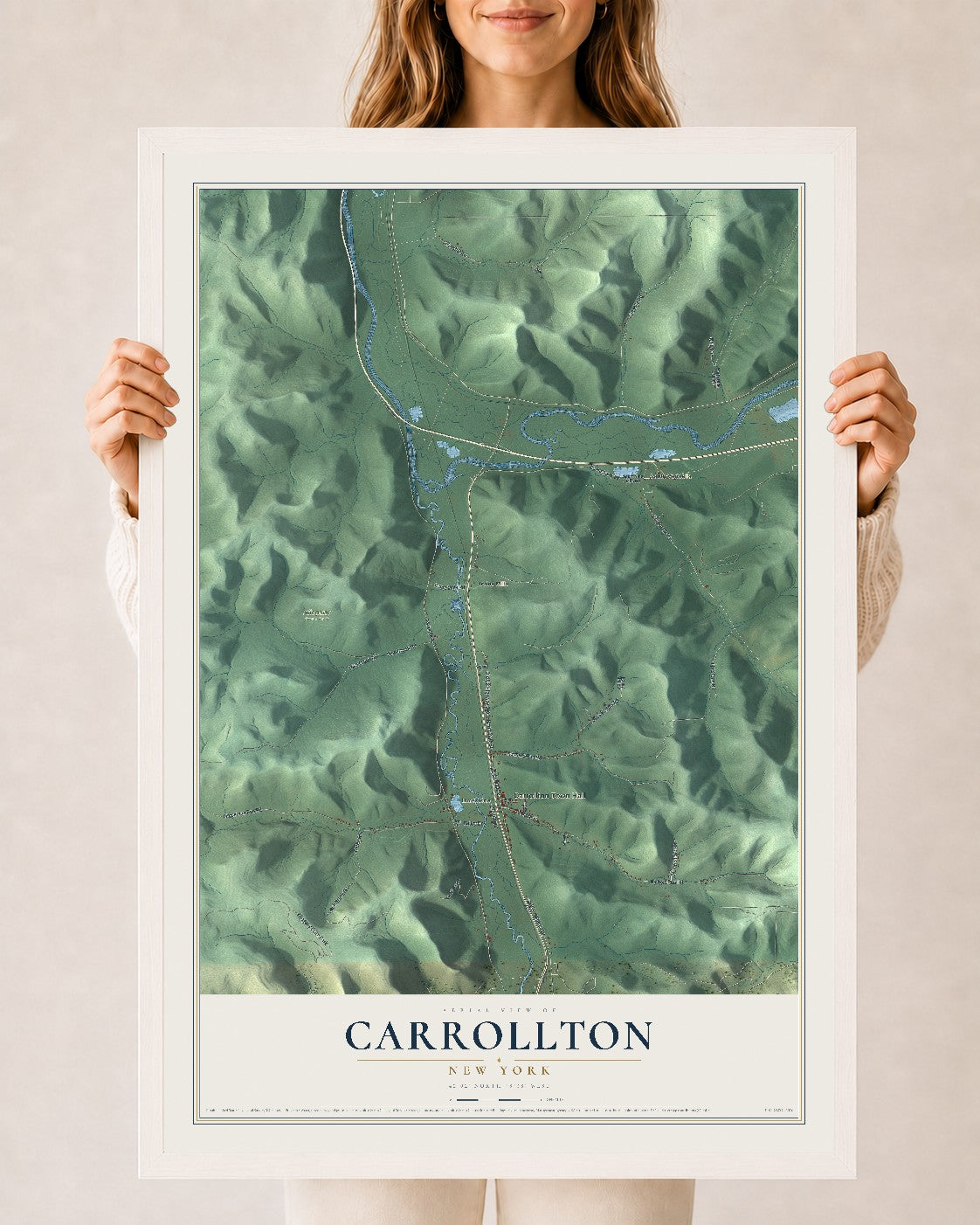 Carrollton, New York map print, 24" x 36" W/ White Ayous Wood Frame mockup