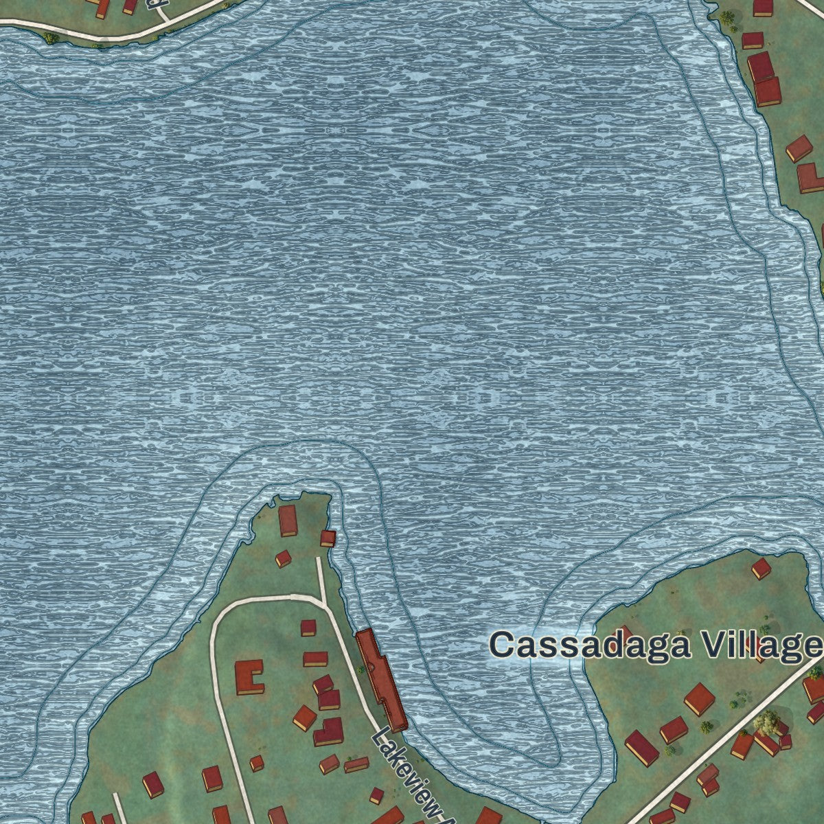Close-up of the map of Cassadaga, New York print showing street and building detail