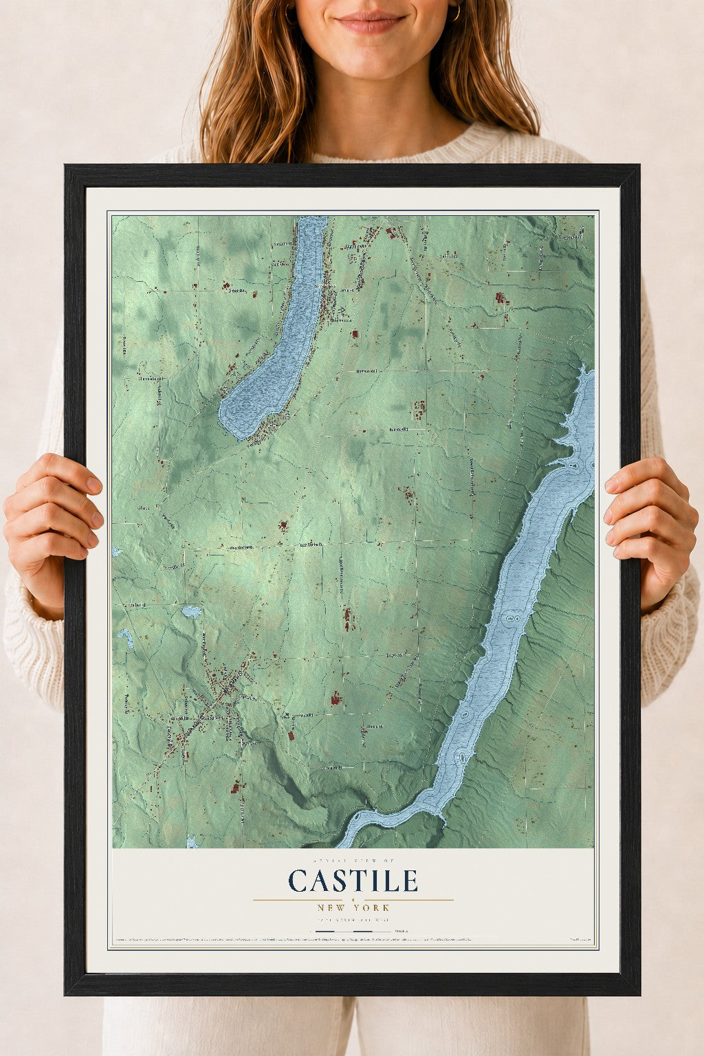 Castile, New York map print, 18" x 24" W/ Black Ayous Wood Frame mockup