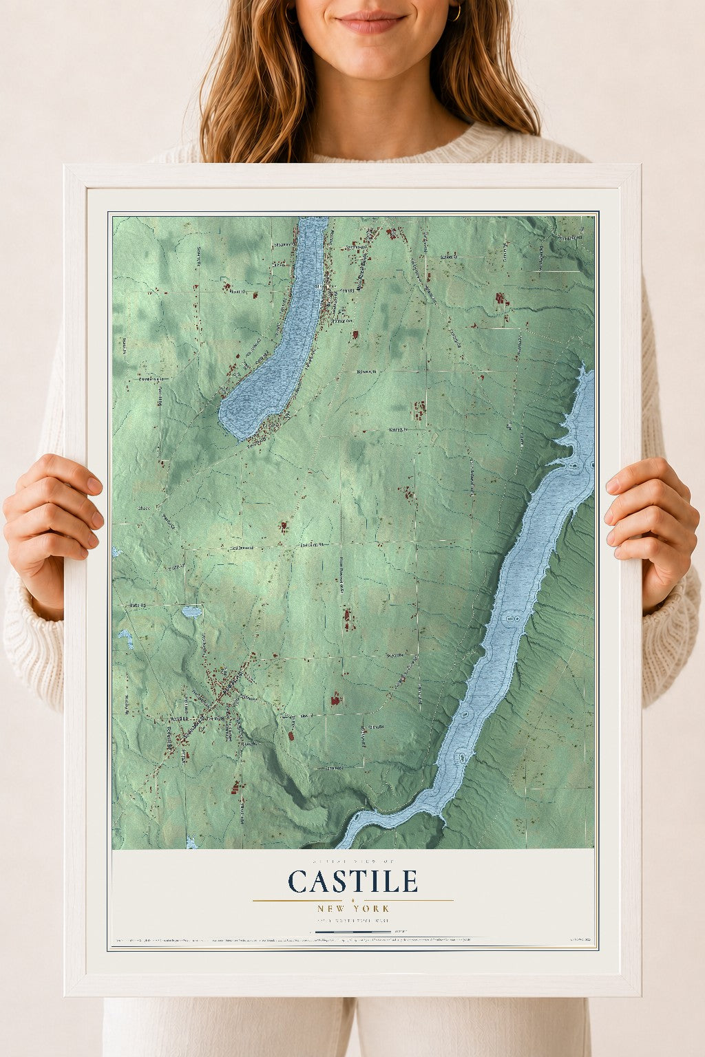 Castile, New York map print, 18" x 24" W/ White Ayous Wood Frame mockup
