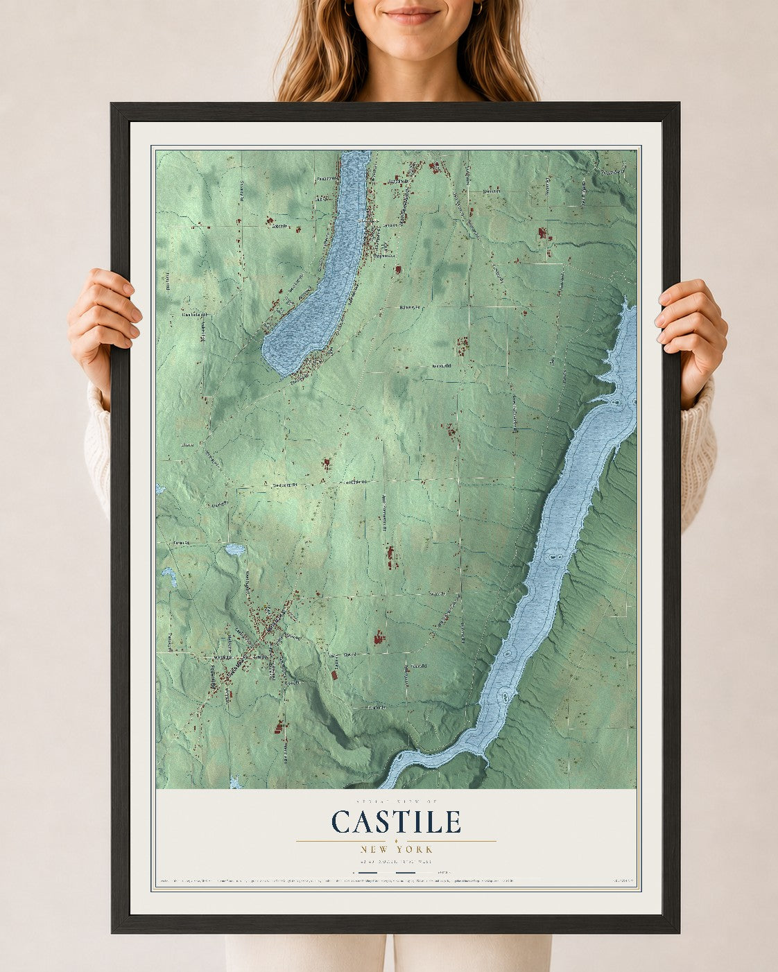 Castile, New York map print, 24" x 36" W/ Black Ayous Wood Frame mockup