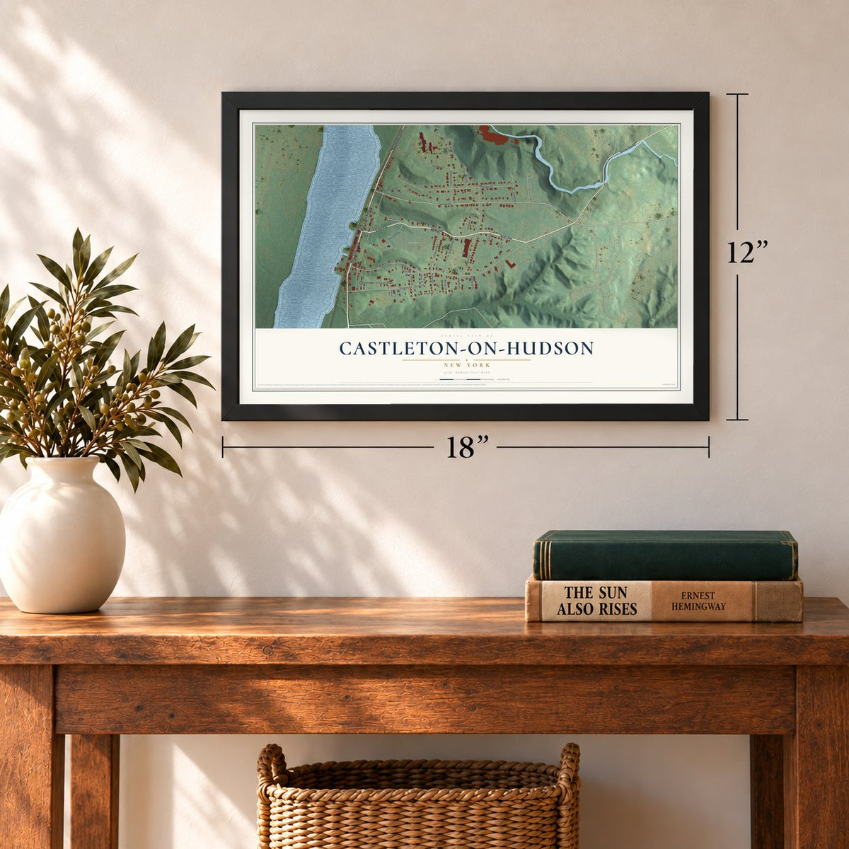 Castleton-on-Hudson, New York map, 12 x 18 inch print in a black frame in an entryway
