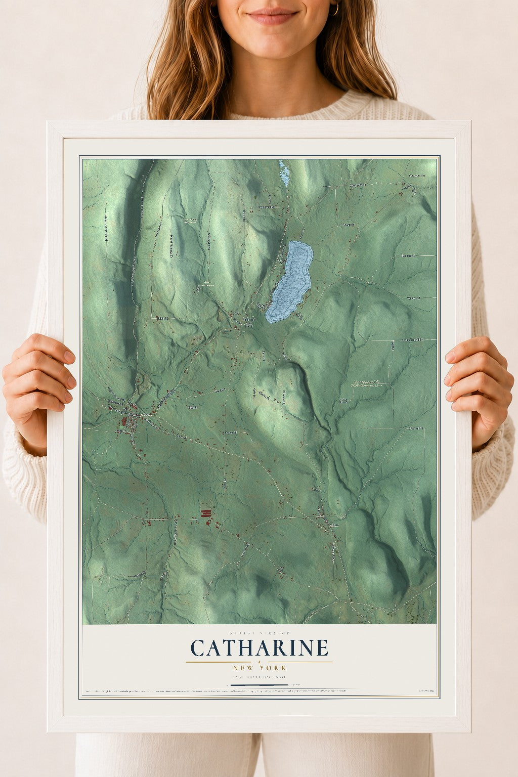 Catharine, New York map print, 18" x 24" W/ White Ayous Wood Frame mockup