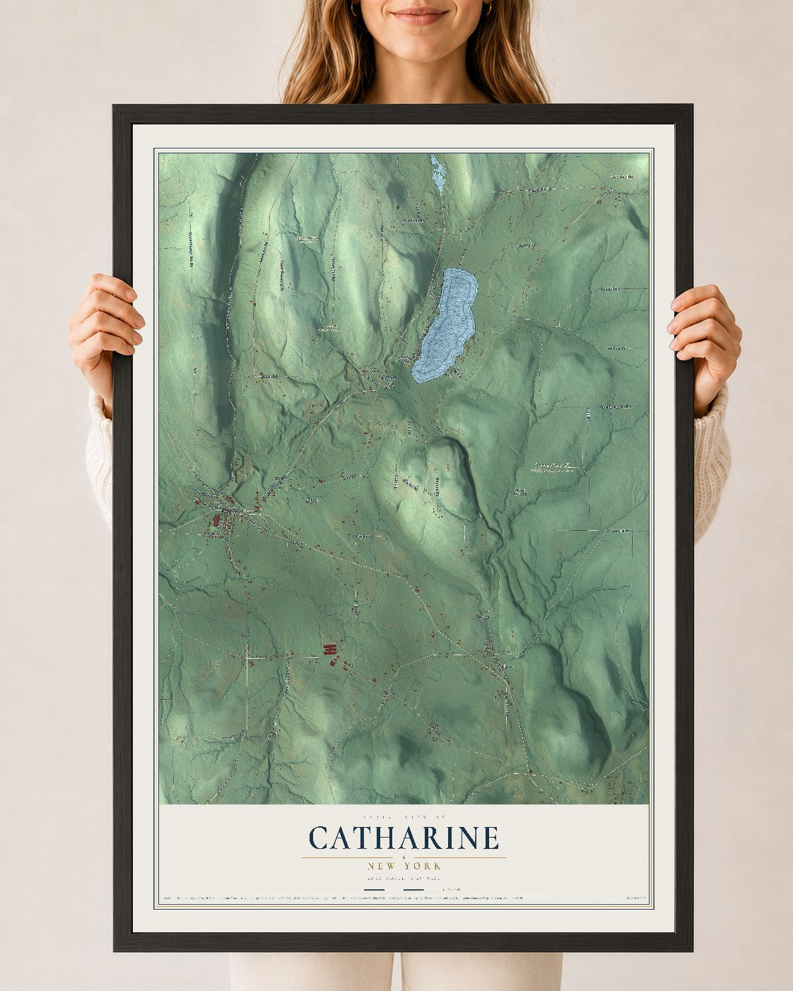 Catharine, New York map print, 24" x 36" W/ Black Ayous Wood Frame mockup