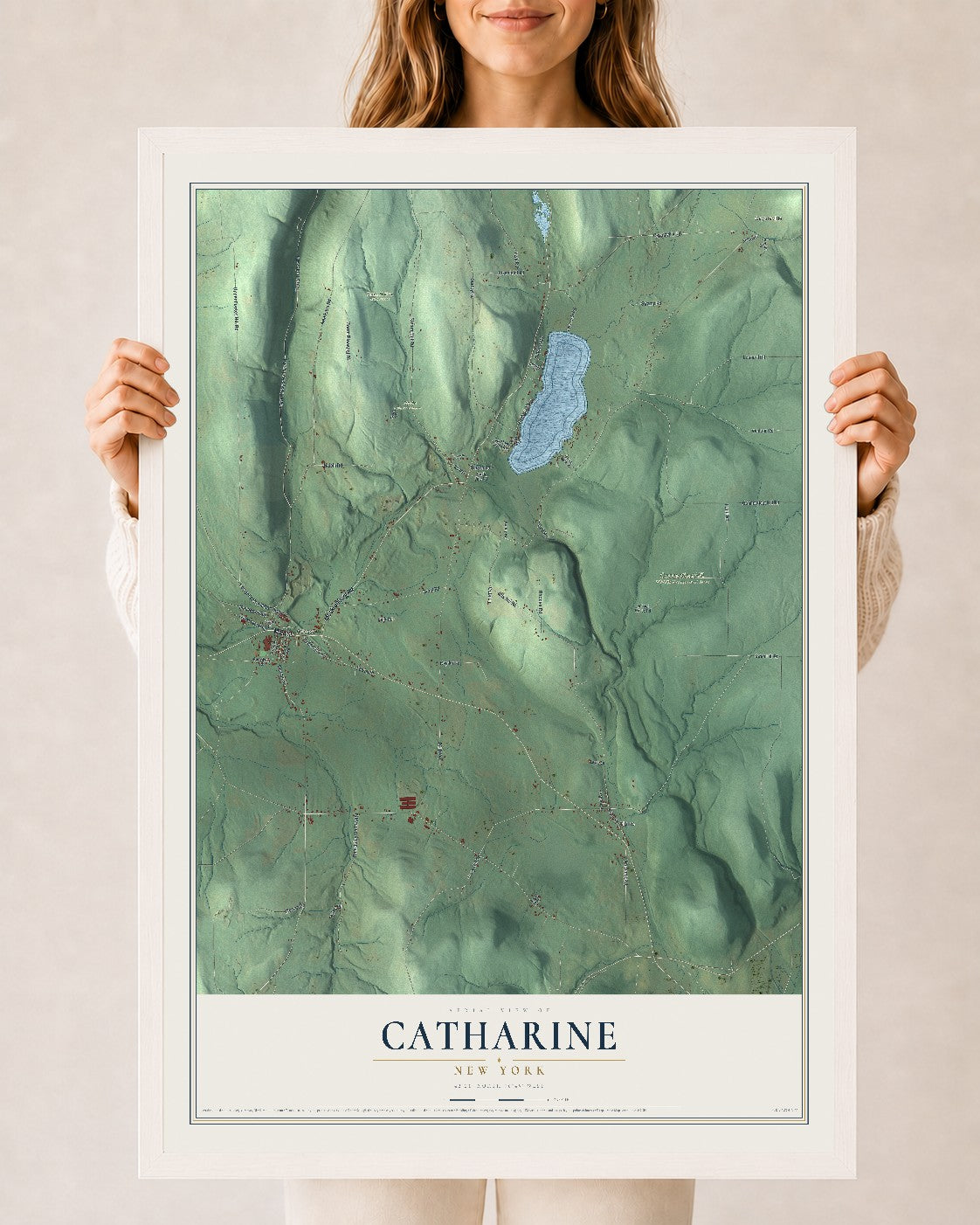 Catharine, New York map print, 24" x 36" W/ White Ayous Wood Frame mockup