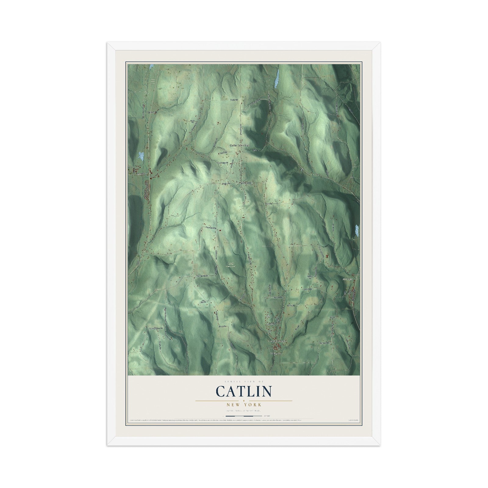 Catlin, New York map print, 12" x 18" W/ White Ayous Wood Frame mockup