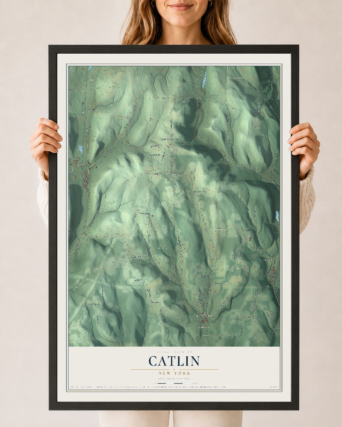 Catlin, New York map print, 24" x 36" W/ Black Ayous Wood Frame mockup