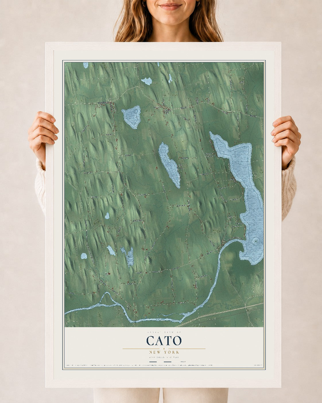Cato, New York map print, 24" x 36" W/ White Ayous Wood Frame mockup