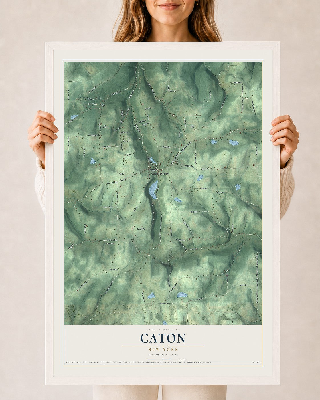 Map of Caton, New York, 24 x 36 inch print in a white wood frame