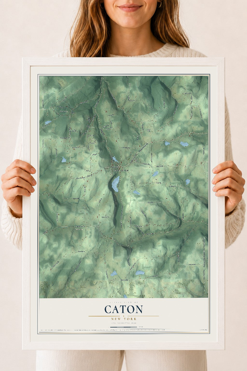 Caton, New York map print, 18" x 24" W/ White Ayous Wood Frame mockup