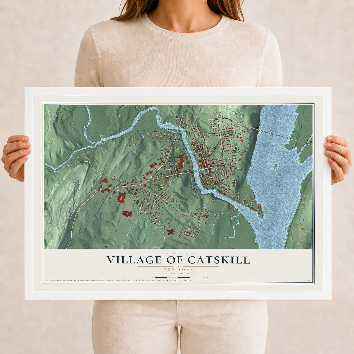 Catskill, New York map print, 12" x 18" W/ White Ayous Wood Frame mockup