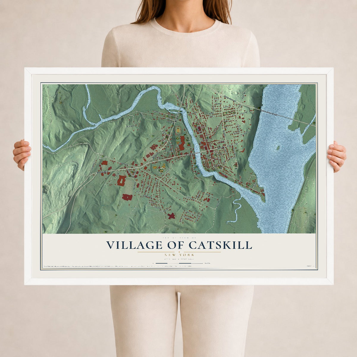Catskill, New York map print, 24" x 36" W/ White Ayous Wood Frame mockup