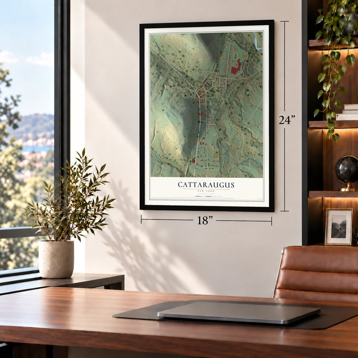 Cattaraugus, New York map, 18 x 24 inch print in a black frame in a home office