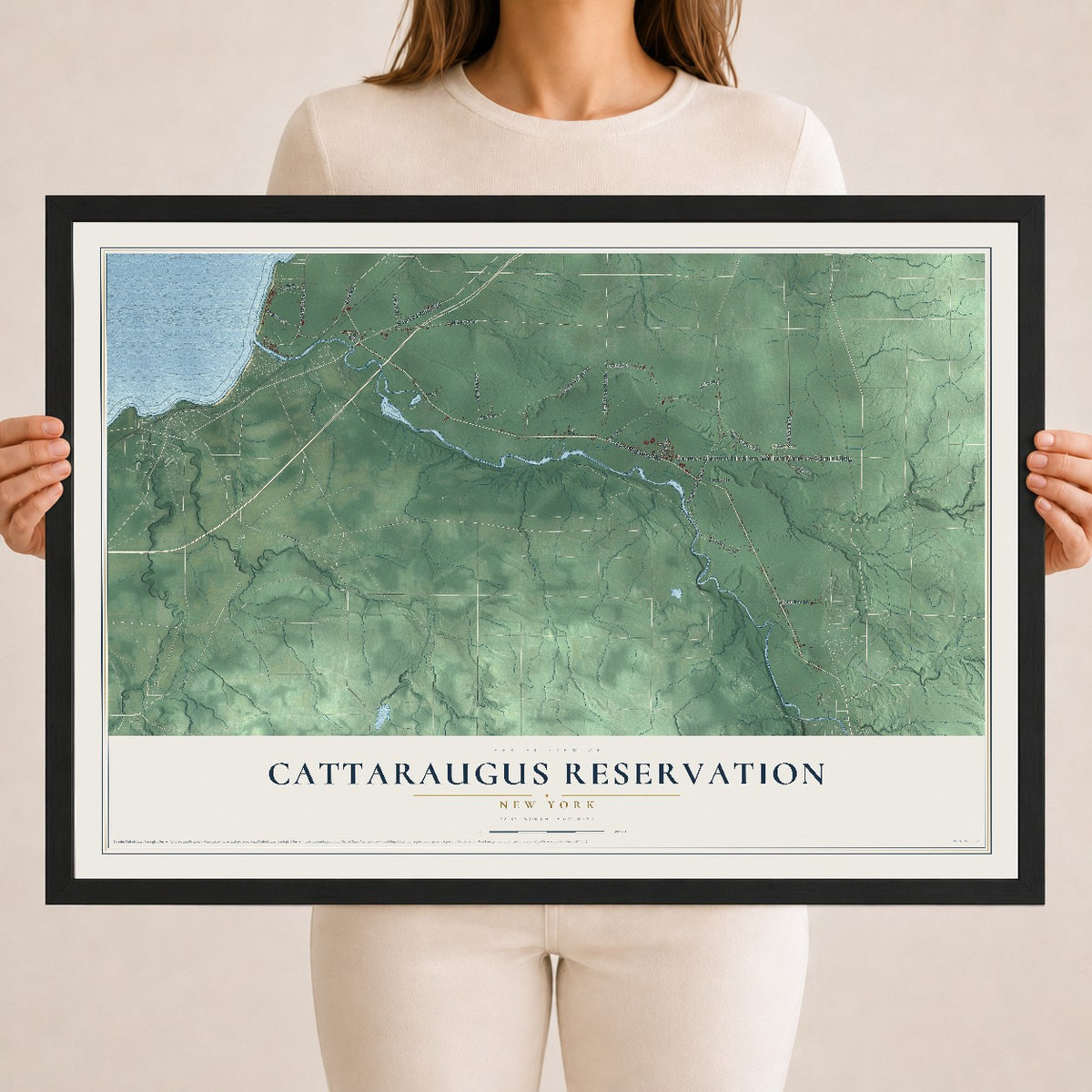 Cattaraugus Reservation, New York map print, 18" x 24" W/ Black Ayous Wood Frame mockup