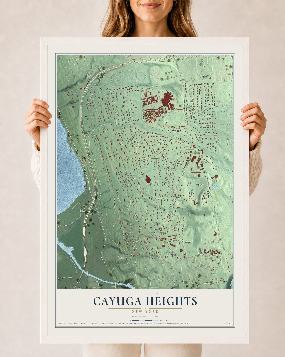 Cayuga Heights, New York map print, 24" x 36" W/ White Ayous Wood Frame mockup