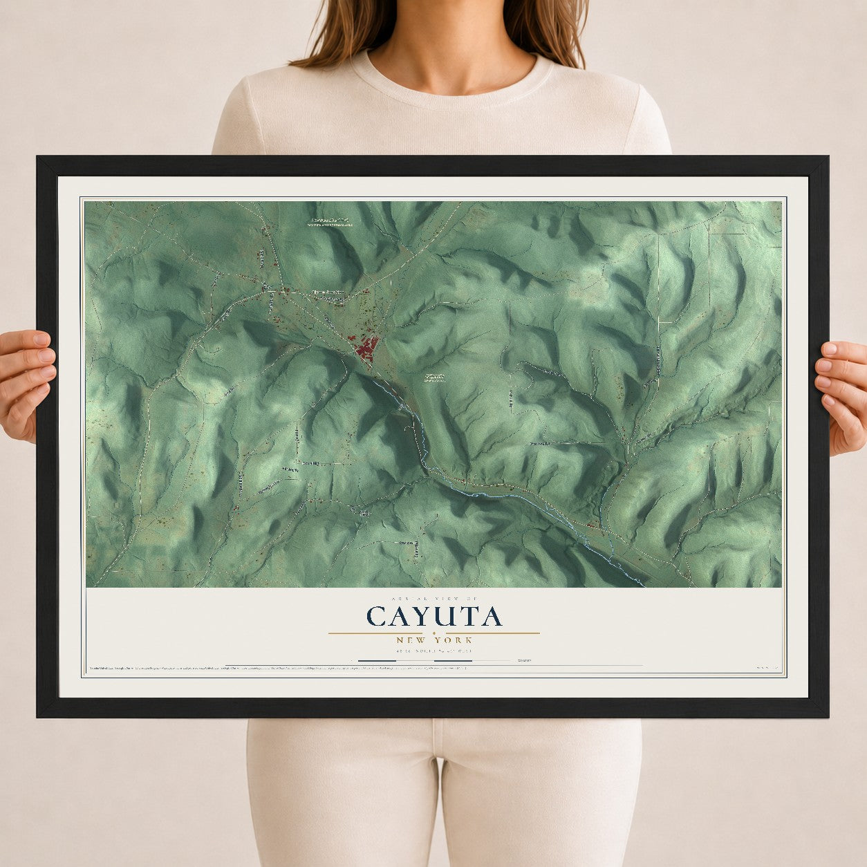 Cayuta, New York map print, 18" x 24" W/ Black Ayous Wood Frame mockup