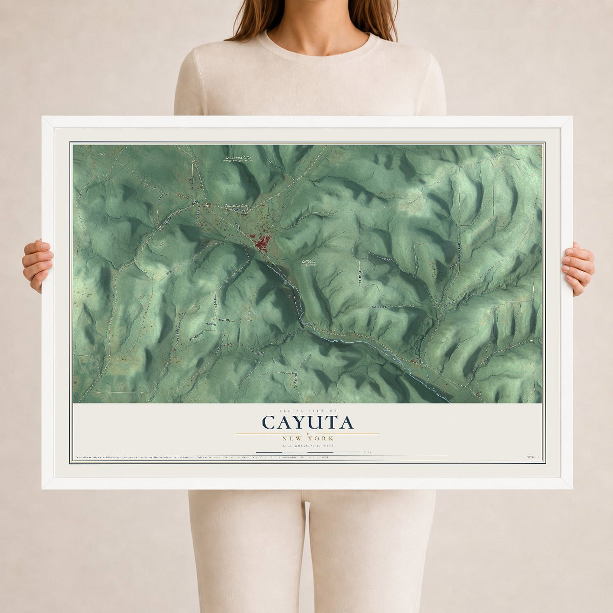 Cayuta, New York map print, 24" x 36" W/ White Ayous Wood Frame mockup