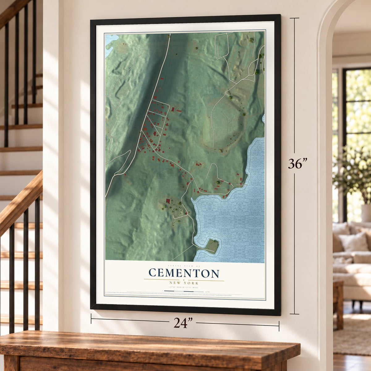 Cementon, New York map, 24 x 36 inch print in a black frame by a staircase