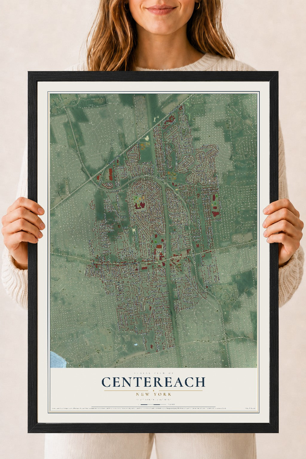 Centereach, New York map print, 18" x 24" W/ Black Ayous Wood Frame mockup