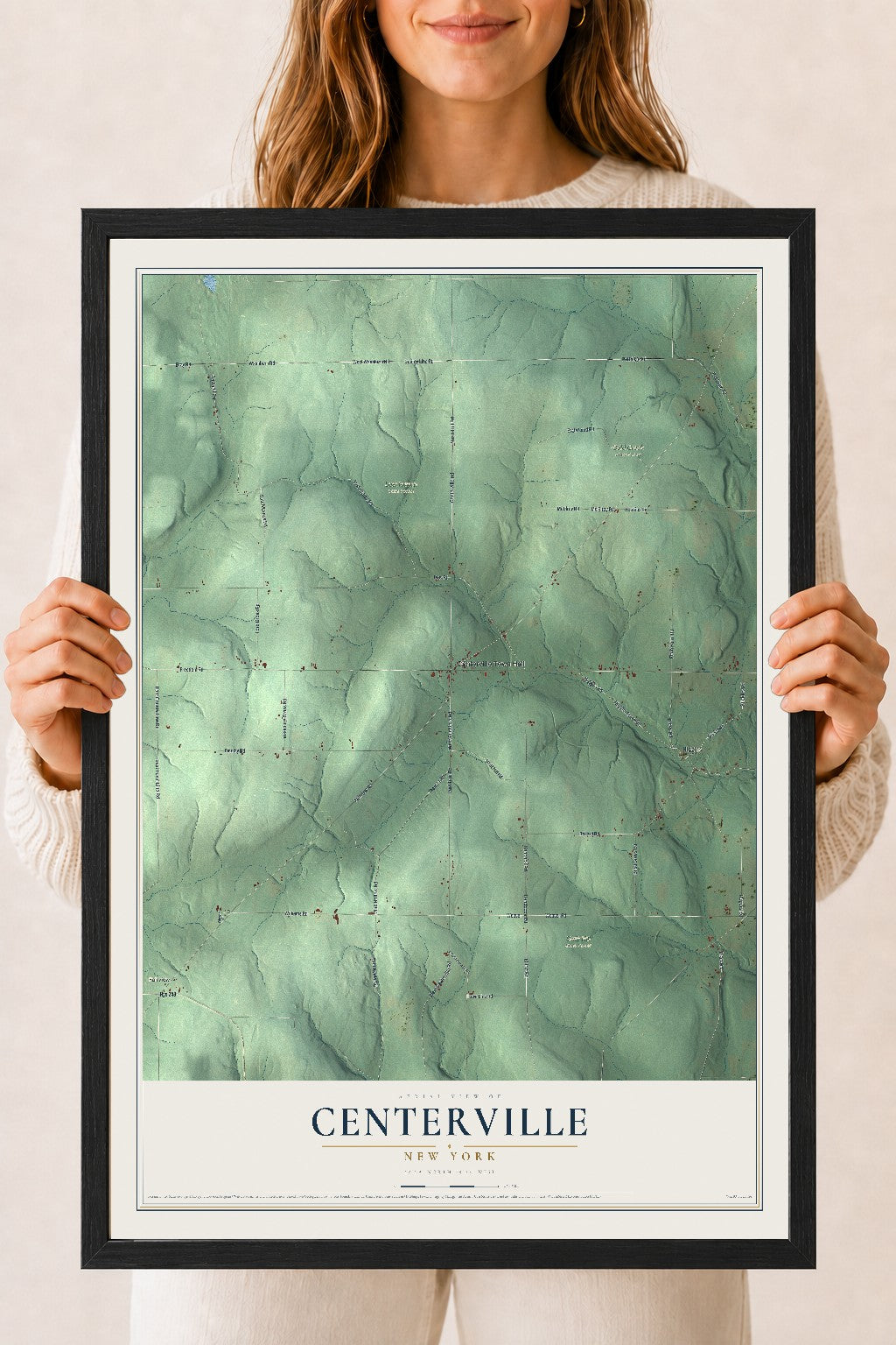 Centerville, New York map print, 18" x 24" W/ Black Ayous Wood Frame mockup