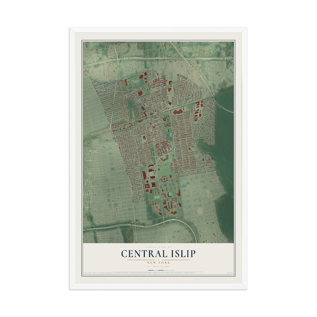 Central Islip, New York map print, 12" x 18" W/ White Ayous Wood Frame mockup
